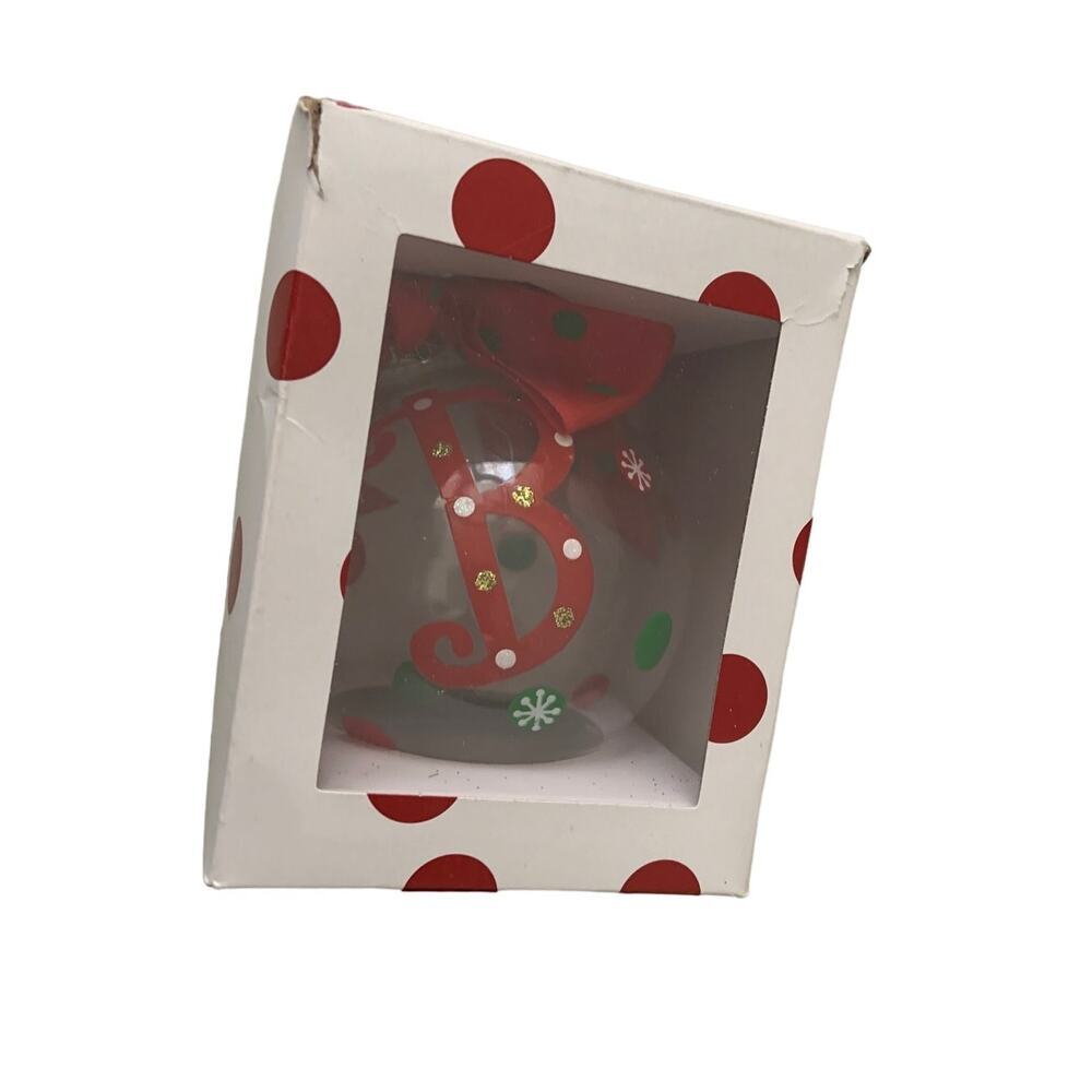 Christmas Glass Ornament Clear Red Christmas Bow Letter "B" Old Time Pottery NEW